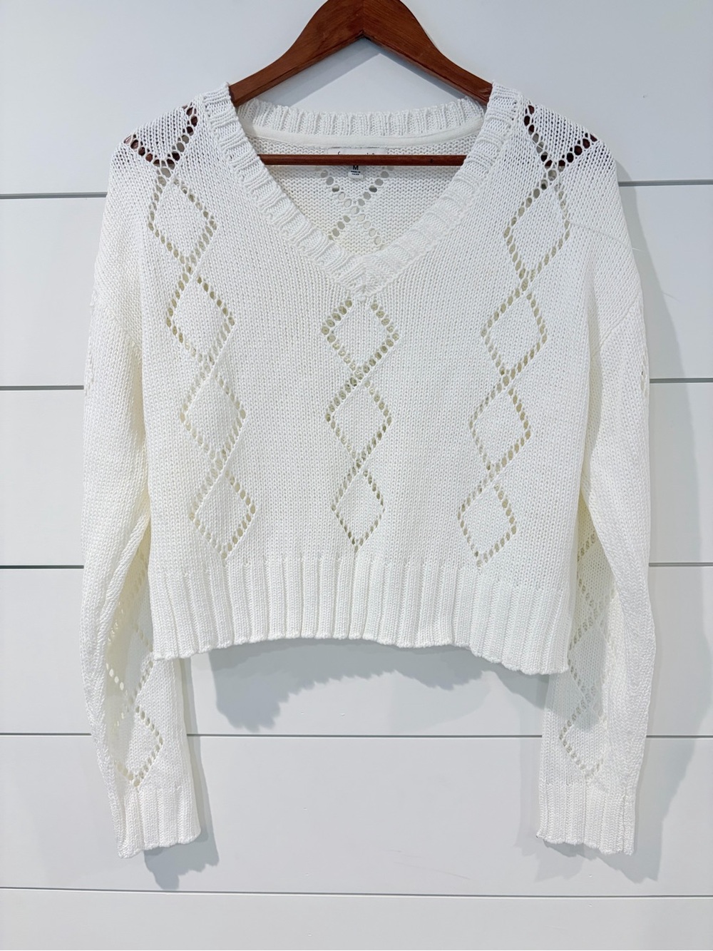 Francesca’s Ivory Open Knit V-Neck Sweater M Coastal Preppy Cottagecore